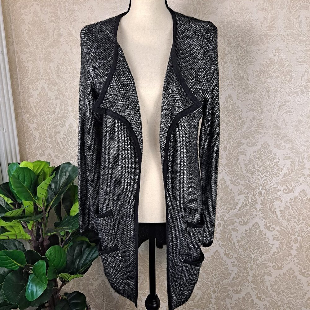 Soft Surroundings Black/Silver Open Front Long Cardigan 4 Pockets Size Small NWT